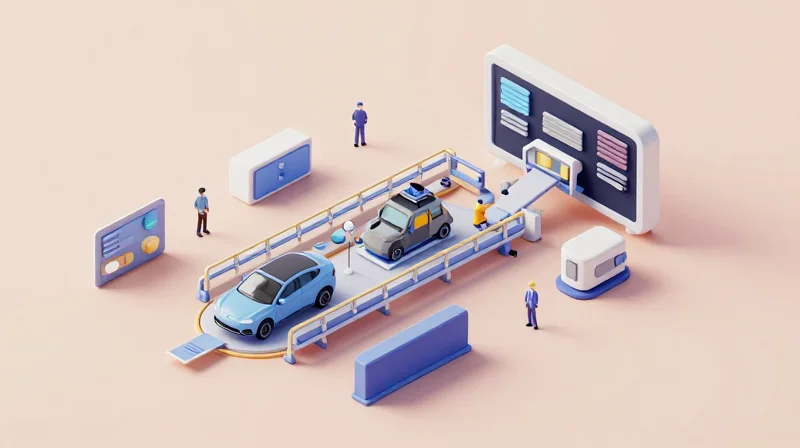 An isometric view of a high-tech assembly line where multiple modules are being consolidated into a single large unit.