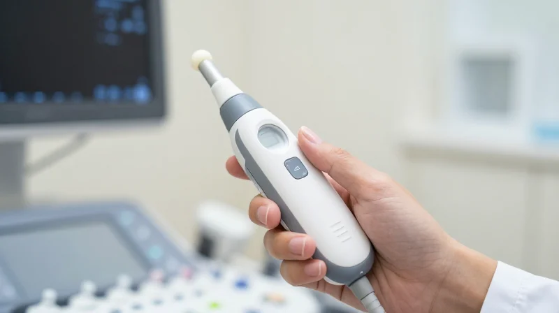 A sleek modern handheld ultrasound transducer being held by a doctor's hand in a medical environment