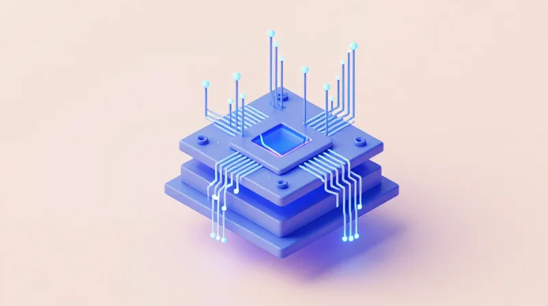 A 3D isometric view of a high-density interconnect PCB showing multiple layers and tiny micro-via structures
