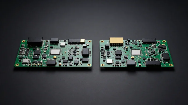 Side-by-side conceptual comparison of two circuit board architectures in a minimalist studio setting