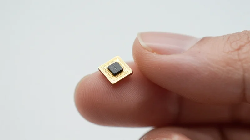 The Role of Miniaturization in Wearable Sensors A highly detailed close-up shot of a miniature MEMS medical sensor module resting on a fingertip, showing microscopic circuit architecture.