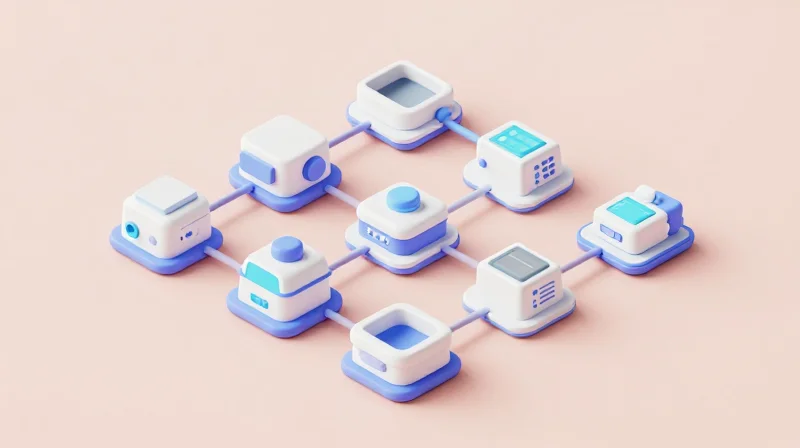 Architectural Shifts: From Monolithic to Modular Designs Isometric 3D illustration showing modular medical hardware components floating and connecting together.