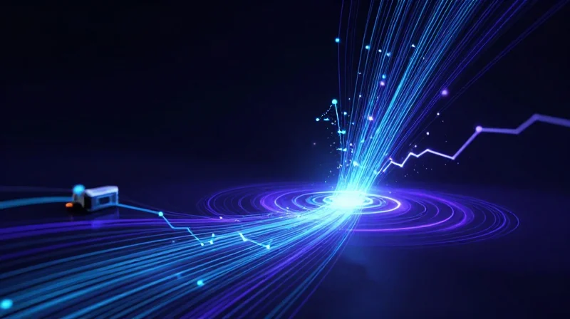 Connectivity at the Core: The Impact of IoT Integration Abstract visualization of data flowing from a medical wearable through glowing fiber optic lines in a dark digital space.