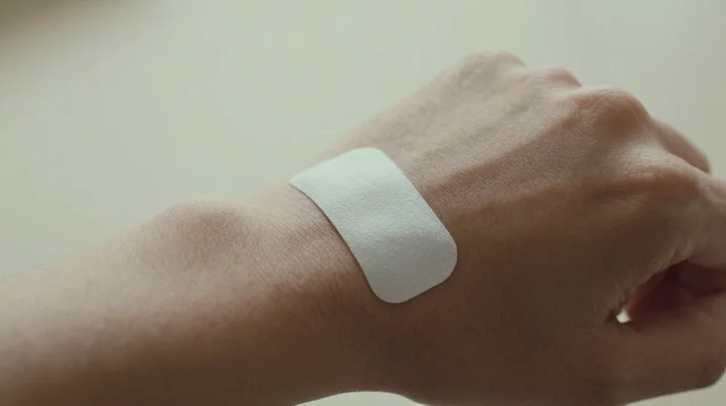 Improving Patient Compliance Through Ergonomics A person wearing a thin, transparent, patch-like medical monitor on their arm, appearing like a second skin.