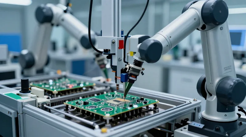 A high-speed robotic arm performing SMT assembly on a modern medical device circuit board.