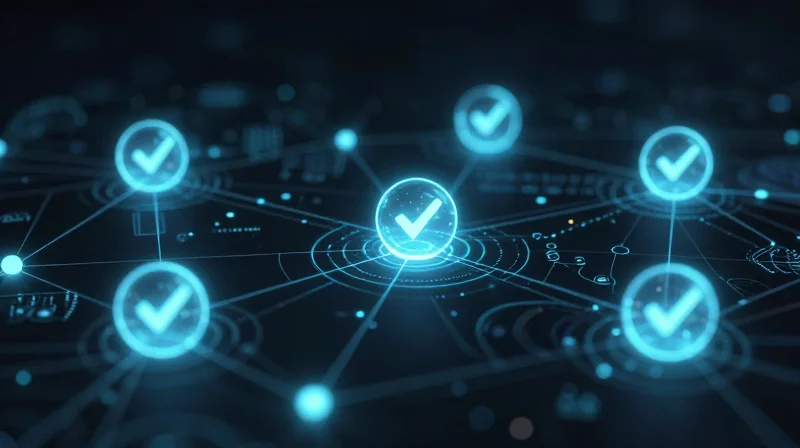 Abstract 3D rendering showing data flow and quality verification nodes.