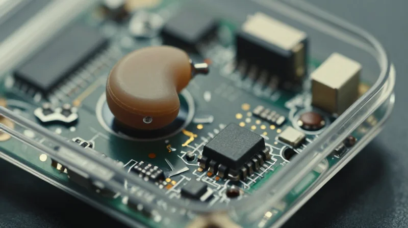 The Challenge of Miniaturization in Hearing Aid Design A highly detailed close-up of a micro-electronic hearing aid assembly showing complex internal wiring, 3D photorealistic style.