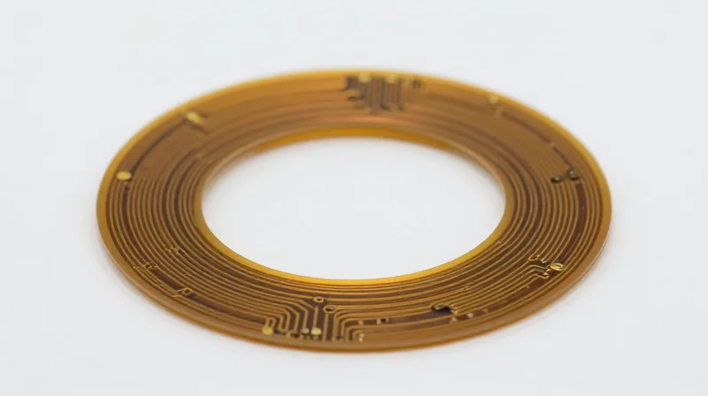 Flexible PCB Material Selection and Bend Radius Considerations A macro view of a flexible polyimide substrate circuit board bending around a small radius, highlighting material flexibility.