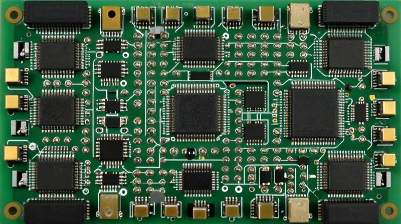 Optimizing High-Density SMT Component Placement A top-down view of highly dense surface mount technology components arranged on a miniature circuit board.