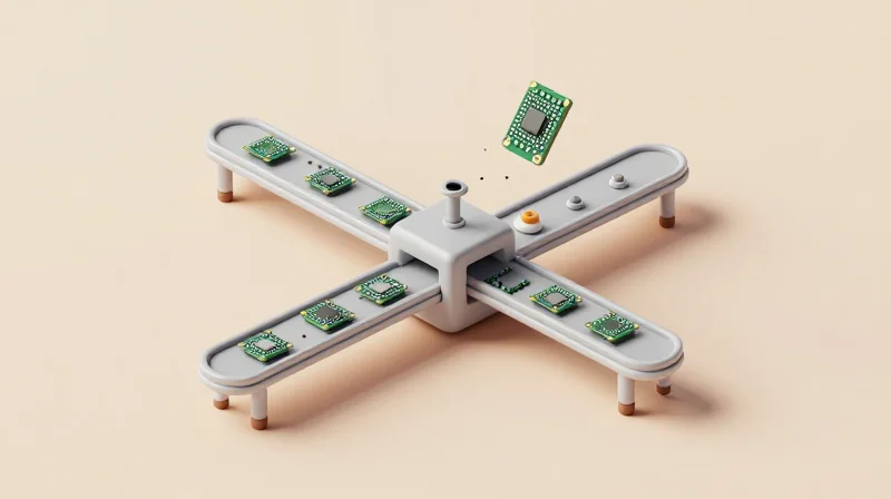 Overcoming Common Manufacturing Pitfalls An isometric 3D view of an automated manufacturing process for microscopic circuit components.