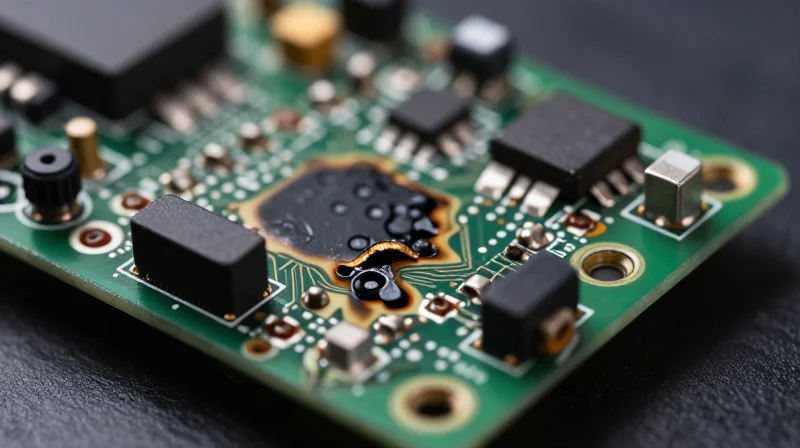 Anatomy of a Failure: Why Standard PCBs Fall Short Close-up macro shot of a damaged electronic circuit board showing signs of thermal stress and material fatigue.