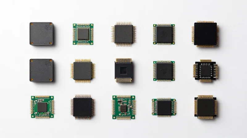 Optimized Component Sourcing for Longevity A flat lay arrangement of high-quality electronic components and microchips