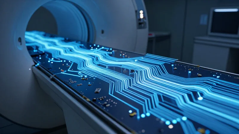 Conceptual visualization of magnetic field distortion caused by metallic components on a PCB in an MRI suite.