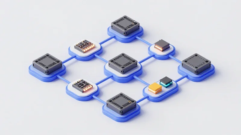 Isometric view of a global supply chain logistics flow for high-precision electronics components.