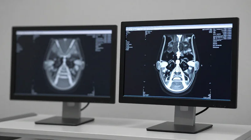 Split screen comparison showing improved diagnostic image clarity versus old hardware.