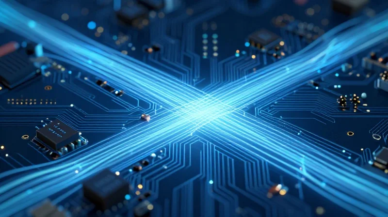 Conceptual visualization of invisible magnetic force lines disrupting a circuit board