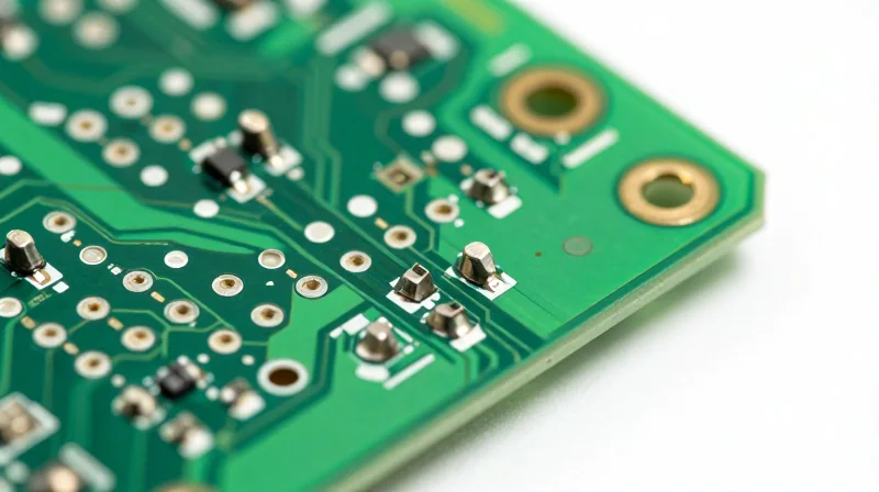 Macro view of a standard green PCB showing metallic components and traces
