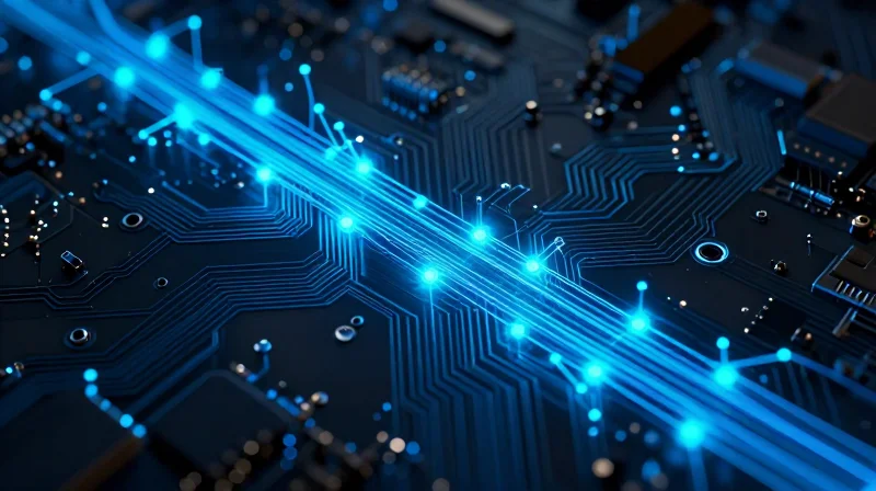 A technical conceptual visualization of data flow and electrical signal integrity within a miniature flexible circuit.