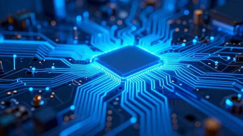Abstract representation of signal integrity in a robotic system showing glowing data transmission across a circuit board.