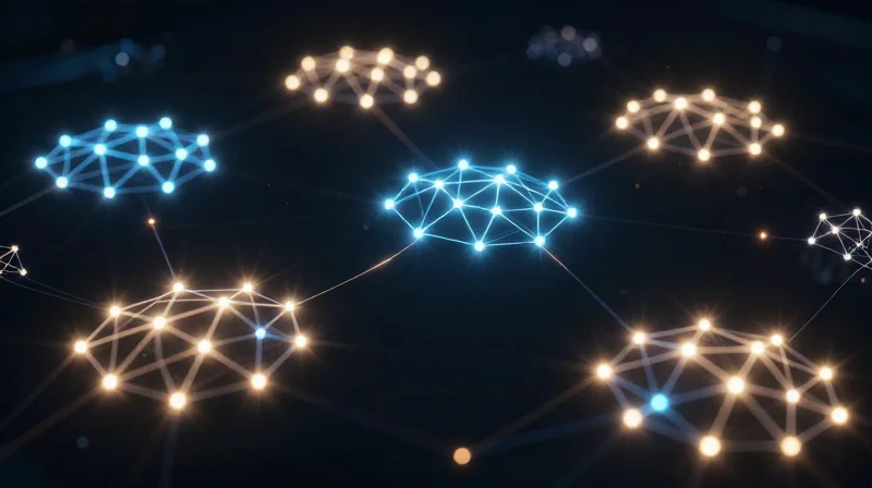 Decentralized network of glowing nodes representing edge computing nodes operating independently