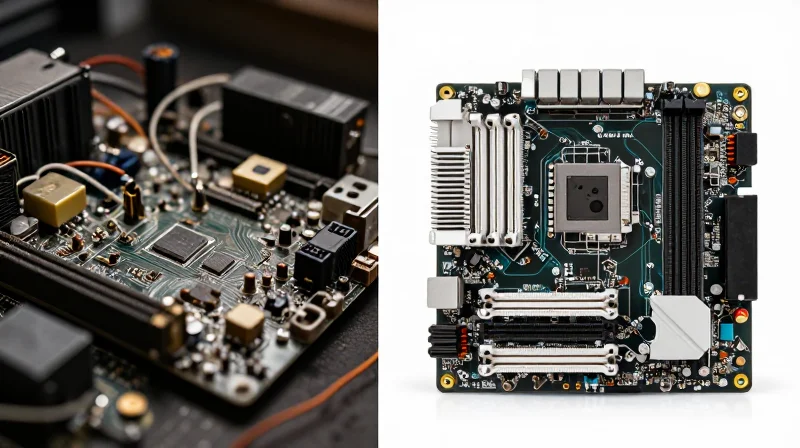 A split-screen comparison showing a bulky, tangled traditional embedded system on the left and a sleek, compact integrated motherboard on the right