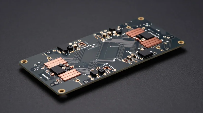 A professional product shot of an advanced metal-core PCB designed for high-power applications, showing distinct heat dissipation pathways.