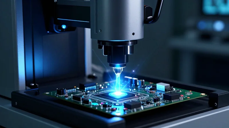 Automated optical inspection system scanning a circuit board.
