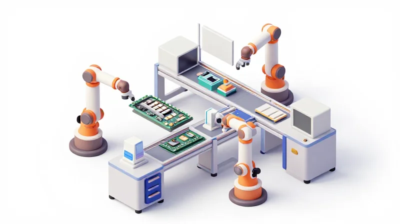 An isometric view of a modular electronics assembly process showing clean, organized production stages.