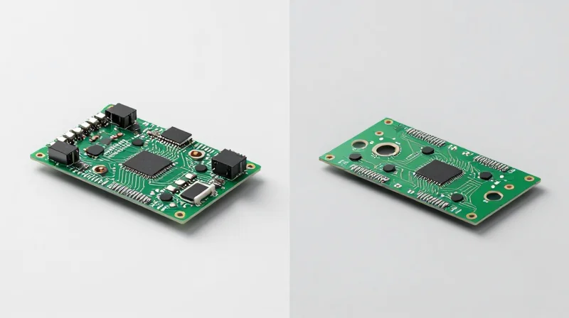 Case Study: Redesigning for High-Density Interconnects Split screen comparing a bulky traditional PCB and a compact HDI PCB.