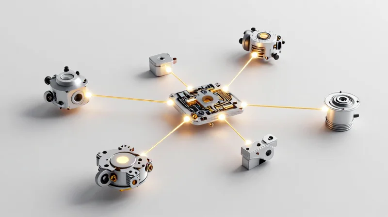 An abstract 3D visualization representing the strategic integration of manufacturing design principles in early medical device development.