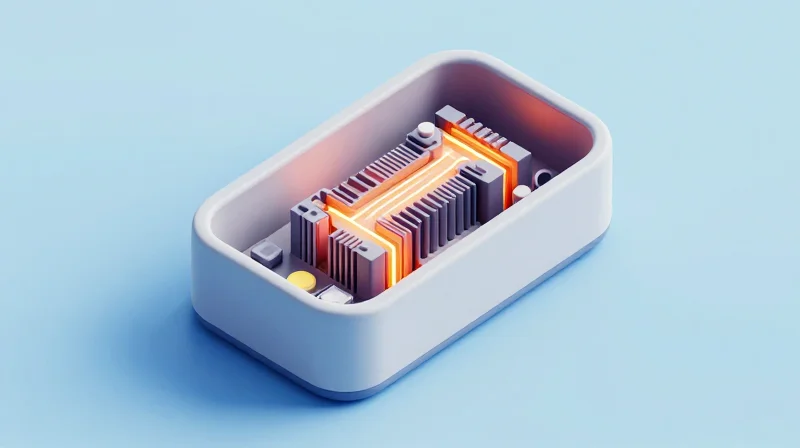 A cross-section illustration showing thermal paths and heat dissipation in a sealed, hermetic medical device housing.