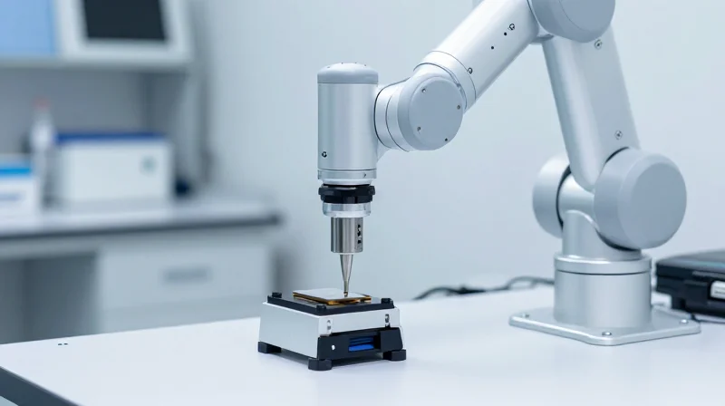 A precision robotic arm performing delicate assembly work in a clean-room environment for medical instrumentation.