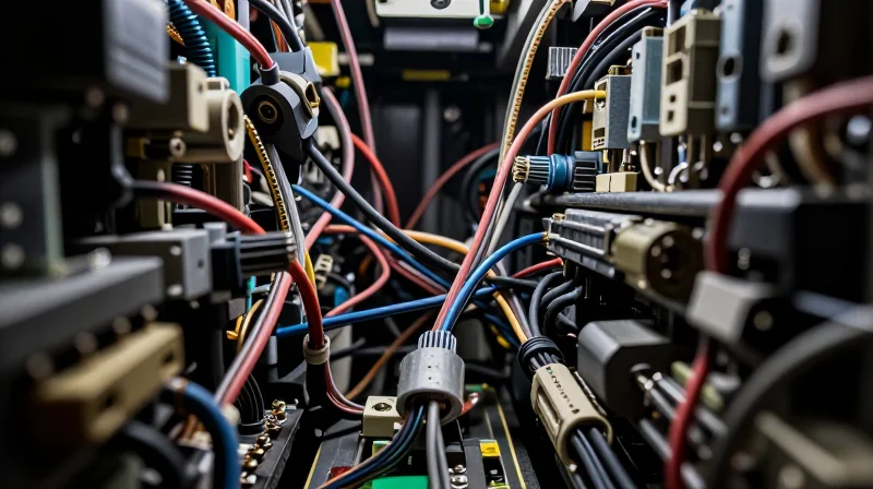 A close-up of a messy electronic assembly with tangled cables and mechanical connectors