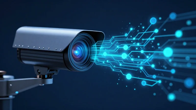 Abstract digital visualization of a camera lens transforming into a digital circuit core