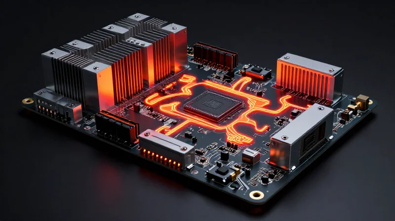 Thermal imaging concept art showing a camera mainboard with heat dissipation elements