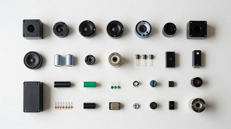 A collection of high-grade capacitors, resistors, and connectors laid out neatly on a clean workbench surface.