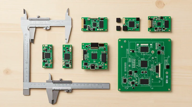 Flat lay of electronic components and drafting tools for PCB design