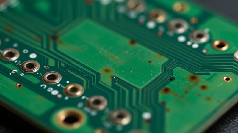 Close-up of a damaged electronic circuit board showing signs of overheating and scorched components.