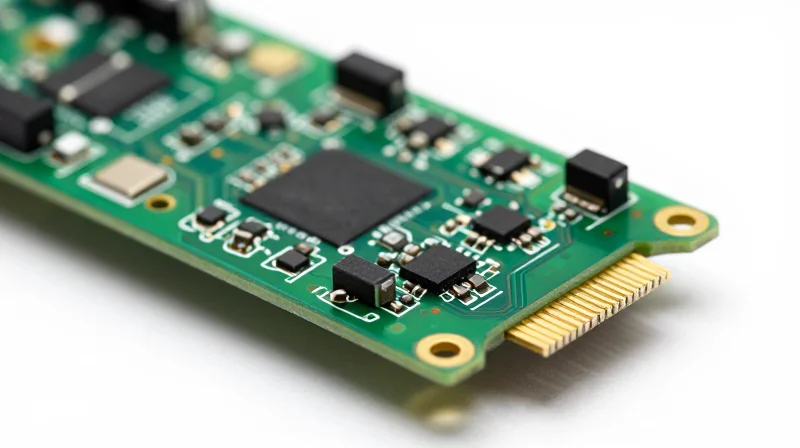 The Strategic Importance of Specialized PCB Partners A close-up view of a high-tech smart thermostat PCB mounted on a workspace, featuring complex electronic components and integrated circuitry.