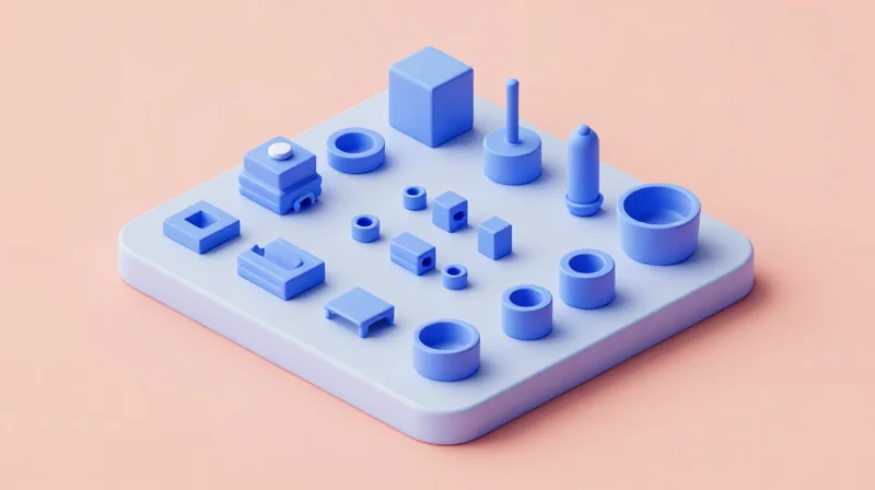 The Role of DFM and DFT in Cost Optimization Isometric 3D illustration depicting a streamlined manufacturing workflow with modular design components.