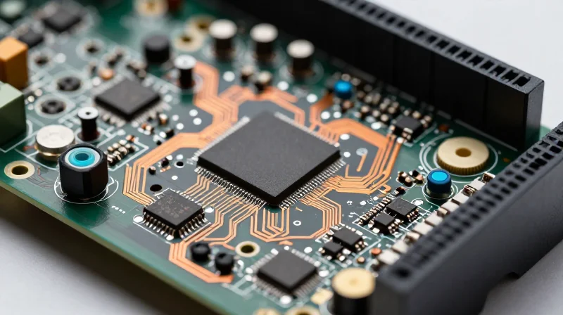 Anatomy of a Modern Climate Control PCB A close-up view of a sophisticated green PCB with advanced microchips, sensors, and connectivity modules for smart home climate control.