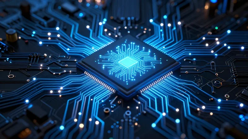 AI Integration: The New Intelligence Layer Abstract visualization of a neural processing unit on a circuit board emitting glowing light nodes representing edge intelligence.