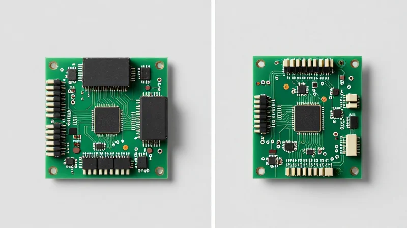 Comparing Legacy vs. Modern PCB Architectures Side-by-side comparison of a bulky, relay-based green PCB and a compact, sleek, modern multilayer PCB on a clean workspace.