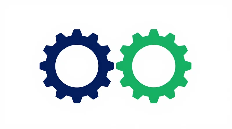 Conceptual representation of two companies working together, depicted as interlocking geometric puzzle pieces with a gear system.