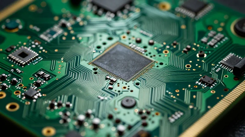 A close-up view of a high-density interconnect PCB showing complex miniaturized circuit patterns