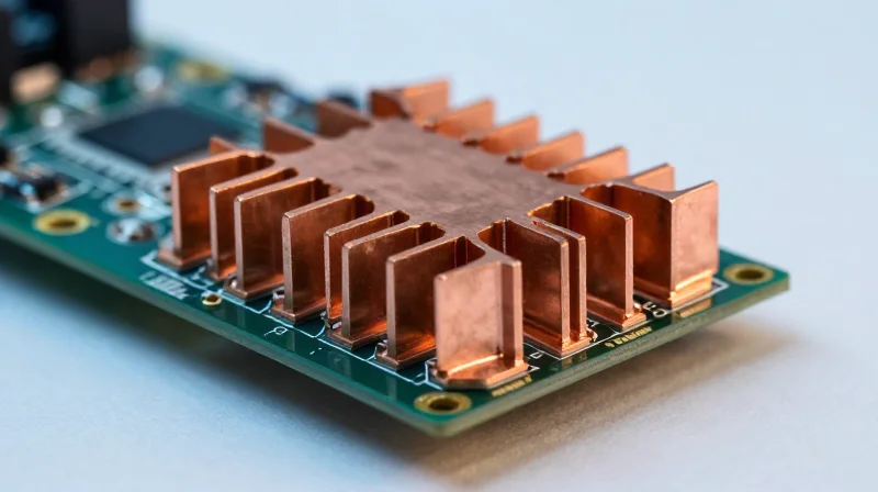 Thermal Management Strategies for High Wattage Close-up of a high-tech printed circuit board with metallic heat sinks and thermal dissipation flow