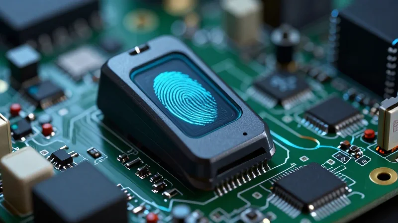 Understanding the Unique Constraints of Biometric Sensors Close-up of a high-tech biometric sensor interface on a compact circuit board.