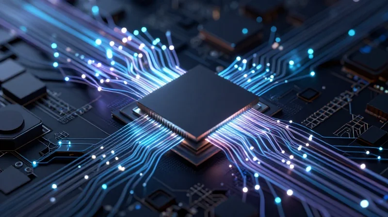 Optimizing Trace Width and Via Spacing in HDI Designs Abstract representation of high-speed data routing in a dense electronic assembly.