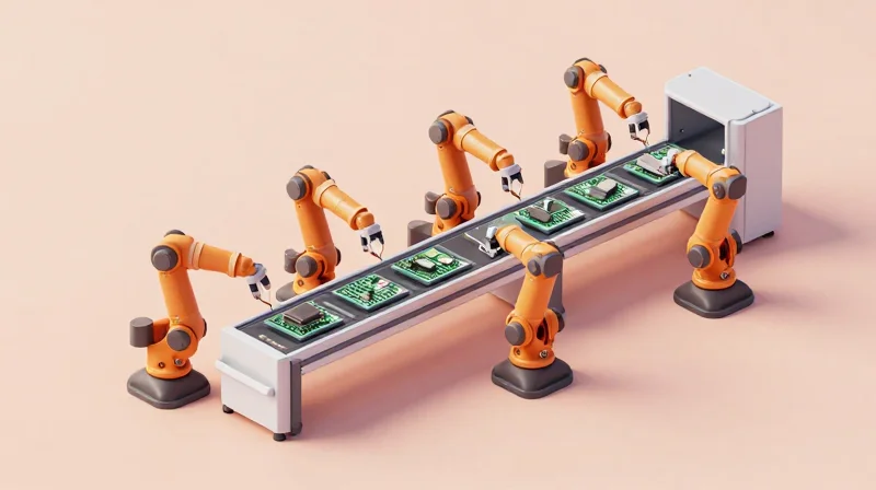 Assessing High-Volume Scalability and Production Capacity Isometric view of a automated assembly line for miniature components.