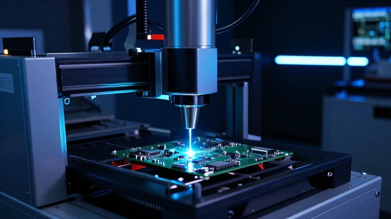 Rigorous Quality Control and Testing Protocols Advanced laser inspection machine inspecting a circuit board.